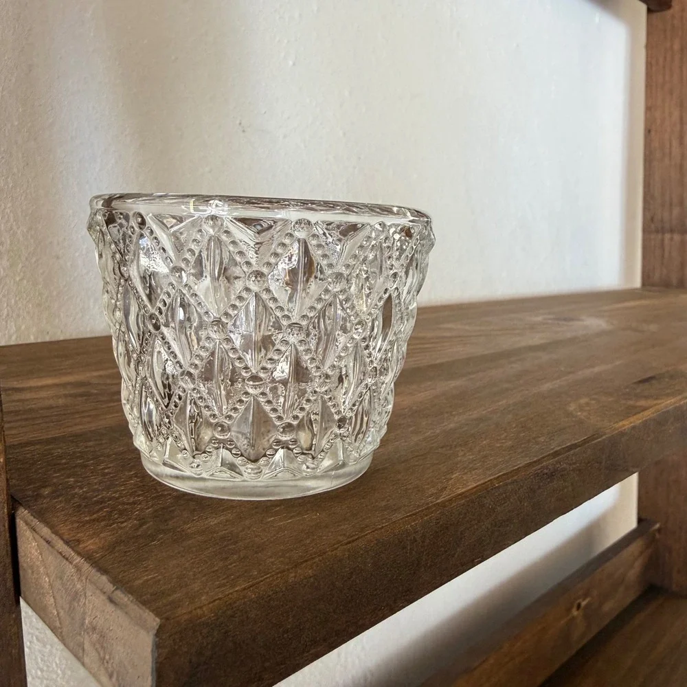 Clear Pressed Glass Diamond Point Beaded Votive Candle Holder 2in